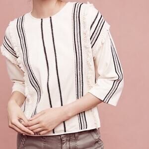 Anthro Eri + Ali Macrame Boho Natural Neutral Beige Tassel Long Sleeve Top XS